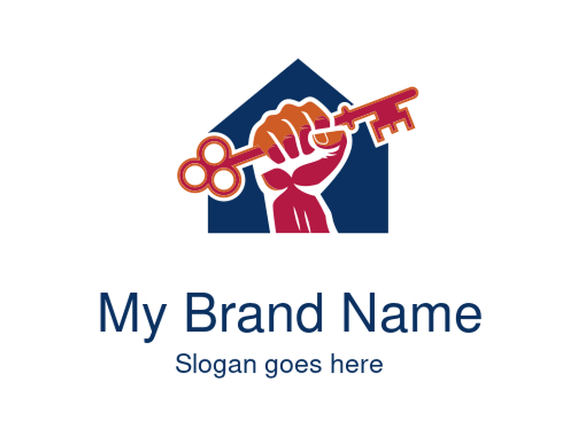 Powerful Red and Blue Fist Holding Key with House Logo Design for Real Estate and Security Brands